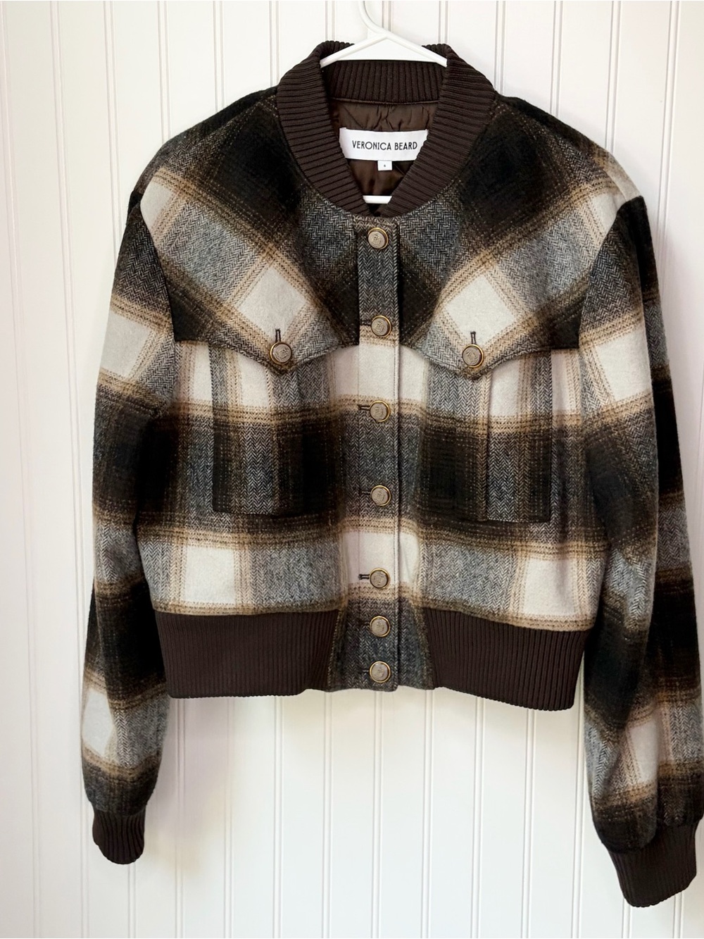 Veronica Beard Stanley Bomber Jacket in Multi Color Plaid Size 6 Elbow Patch